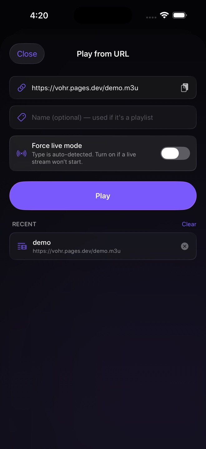 Play from URL screen