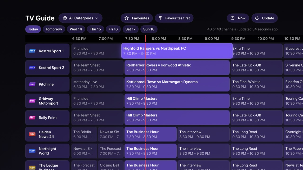 TV guide on Apple TV: a wide timeline of channels and programmes with day tabs and category and favourites filters