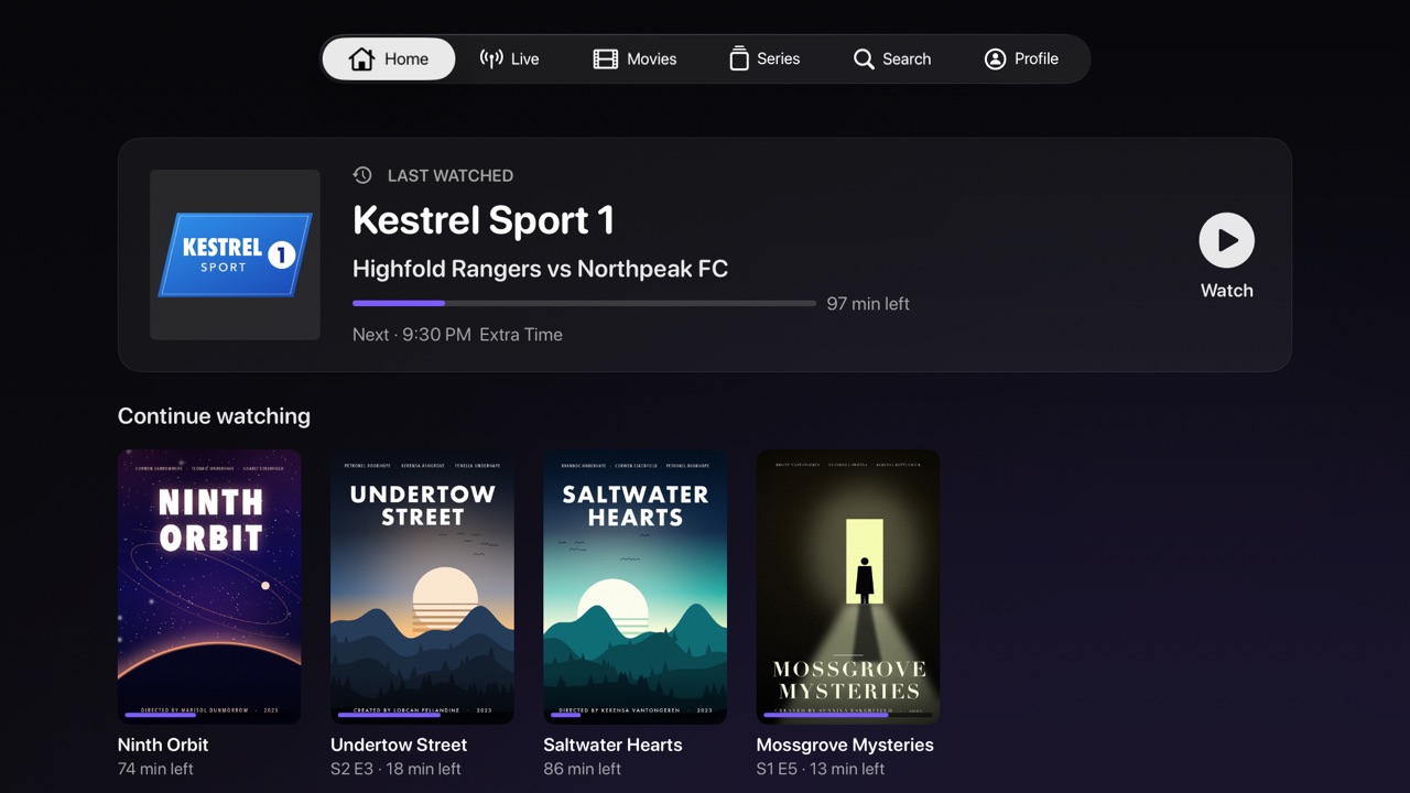 Home on Apple TV: the last watched channel with its current programme, above a continue watching row of posters