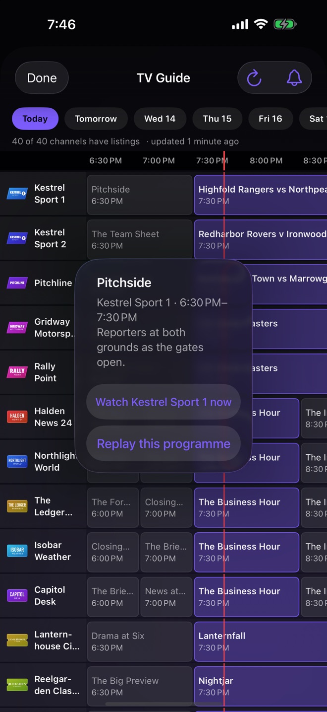 Catch-up on iPhone: an earlier programme selected in the TV guide, with buttons to watch the channel now or replay the programme