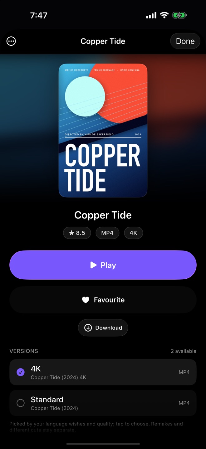 Film page on iPhone: poster, rating, Play, Favourite and Download buttons, and a choice of two versions