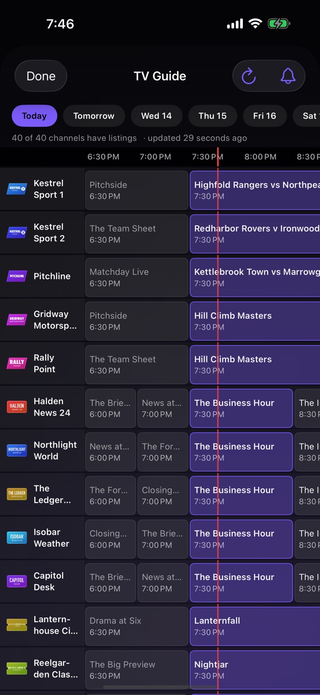 TV guide on iPhone: a timeline grid of channels and programmes with day tabs and a marker for the current time