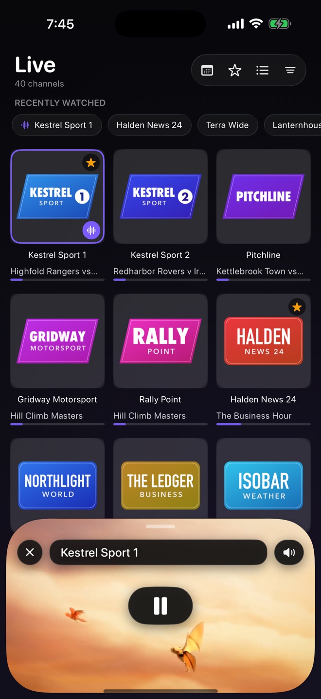 Live TV on iPhone: a grid of channel tiles with what is on now, and a mini player along the bottom