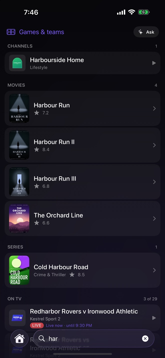 Search on iPhone: results for one query grouped into channels, films, series and programmes on TV